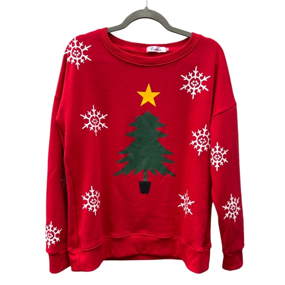 Christmas Tree & Snowflake Fleece Lined Red Crew Neck Sweatshirt - Picture 2 of 8